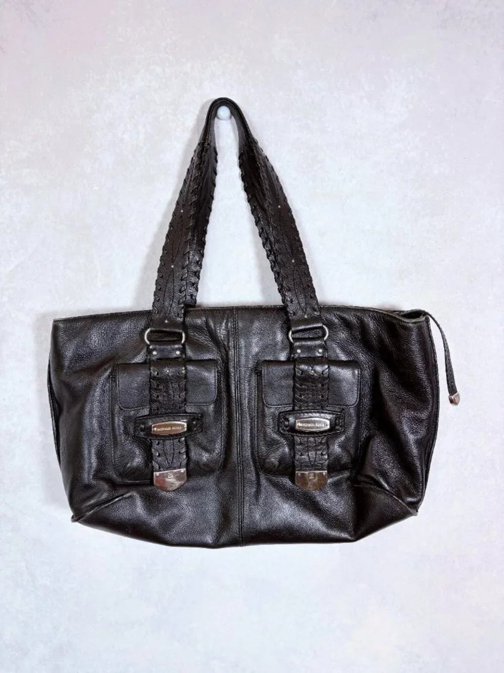 Michael Kors Leather Tote Bag Stitch Detail Top Handle Black Vintage Large